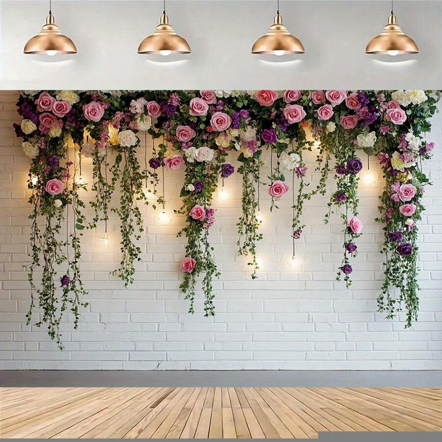 1 Biểu ngữ tiệc trang trí tường hoa thanh lịch, - Hoa hồng tươi và lá xanh tươi trên gạch trắng, Polyester, không cần nguồn điện - Hoàn hảo cho đám cưới, sinh nhật, Giáng sinh và mọi lễ kỷ niệm - Nhiều màu - Xem 1