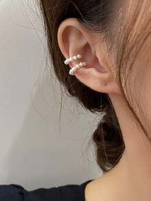 2pcs Minimalist Elegant Pearl Ear Cuff Earrings, Niche Design Jewelry For Women - White - View 1