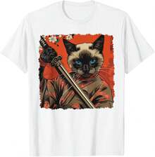1 Pack Men's T-Shirt Gato siamés Arte japonés Samurai Ukiyo-e Vintage Camiseta de hombre - Blanco - Ver 1