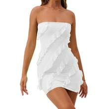 Vestido Hocille para mujer, vestido de fiesta corto de verano de unicolor, vestido elegante formal de mangas sin tirantes y sin espalda, con diseño de volantes, tejido de malla cómodo, de moda 2024 - Blanco - Ver 2