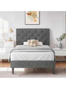 HOMBCK Estructura de cama tapizada con cabecero, estructura de cama de tela de lino con cabecero capitoné, sin somier, fácil montaje, tamaño individual/matrimonial/queen/king, beige/rosa/gris oscuro/gris/azul