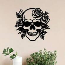 1pc Elegant Skull, Flower & Butterfly Metal Wall Art - Vintage Style Decor With Rose & Green Plants - Durable Black Metal Hanging Sign, Suitable For Living Room, Office, Kitchen Or Bar Decoration, Decorative Art | Elegant Wall Accessory | Durable Metal Art, Large Wall Art Room Decor Bedroom Decor Home Decor Wall Decor