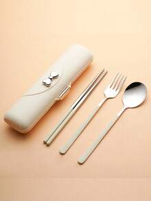 3 件套不锈钢餐具套装，包括勺子、叉子和筷子，方便学生和户外使用的餐具，带蝴蝶结装饰，厨房，节日礼物，返校礼物，工作礼物，早午餐，多功能，耐用，装饰性，可重复使用，精致，时尚，高品质，色彩鲜艳，现代，定制，个性化，独特，情人节，母亲节，生日，父亲节，毕业典礼，婚礼，乔迁