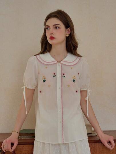 Blusa de tejido con cuello Peter Pan, mangas de pétalos y bordado floral, estilo dulce para primavera/verano