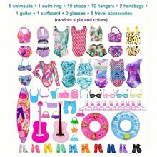 40pcs Random Doll Clothing Accessories Kit, Including Bikini, Shoes, Skateboard, Guitar, Swimming Ring, Hangers, Bags For 11.5 Inch/30cm Female Doll Play And Dress Up