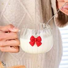 1pc Glass Coffee Cup, Girly Bow Design, Suitable For Cappuccino, Milk, Juice