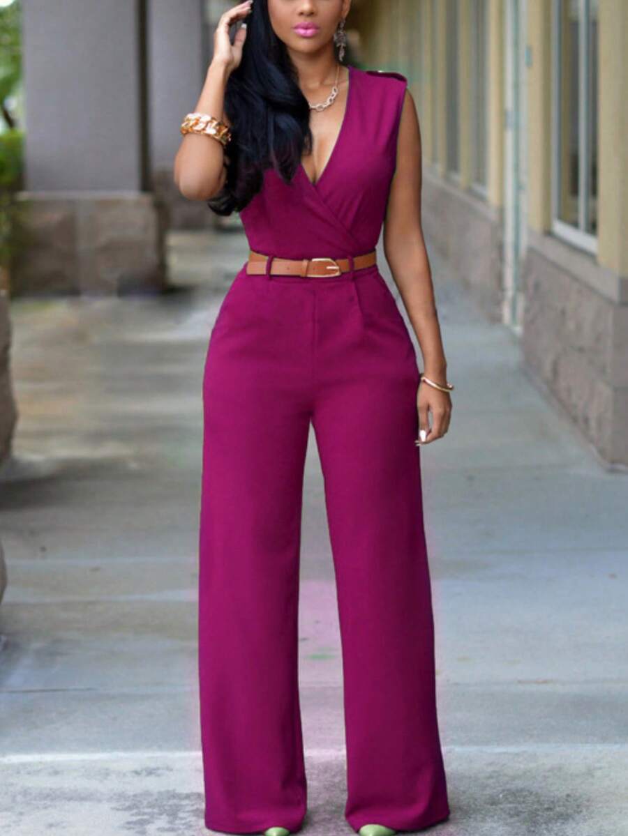 女士高腰 V 领阔腿连体裤不对称套装（配腰带）