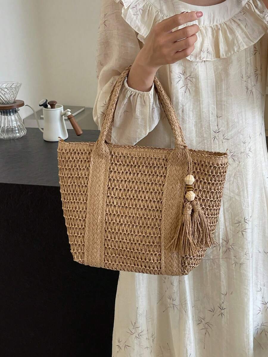 Bolsa de palha para festas, bolsa de praia moderna, lancheira, bolsa de tecido de cor sólida feita à mão com alça longa removível com borla, bolsa casual feminina adequada para festas, feriados, presentes e reuniões - Bolsa de palha - Caqui - Ver 1