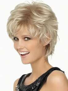 Conjunto de perucas curtas e fofas, com gradiente dourado, para mulheres da moda, com franja lateral e cabelo liso, perfeito para usar com perucas e encenações. Uma peruca completa feita de fibra sintética sem renda.