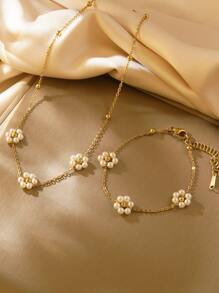 1 Set Elegant Floral Stainless Steel Necklace And Bracelet Jewelry Set, Suitable For Women In Daily Commute Or Hanging Out With Friends, Can Also Be Gifted