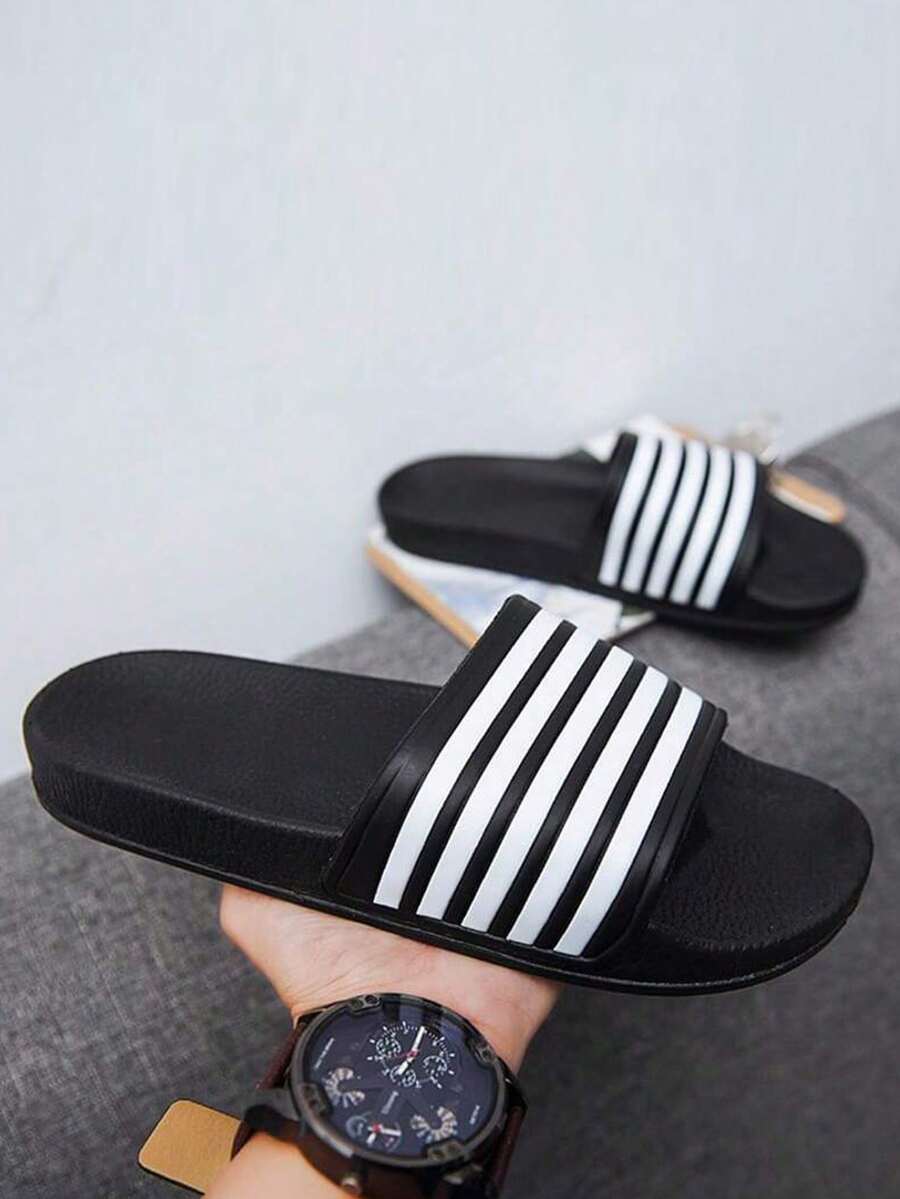 Couples Sandals With 5 Stripes Hot Graffiti Stripes, Unisex Open Toe Slip-On Slippers, Non-Slip Wear-Resistant Slides Suitable For Beach, Pool, Home, Hotel, Fits Brand - Black - View 1