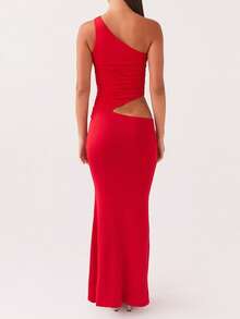Women's One Shoulder Dress Stylish Solid Hollow Out Sleeveless Slim Fit Long Bodycon Dress For Summer - 紅色 - 查看 5