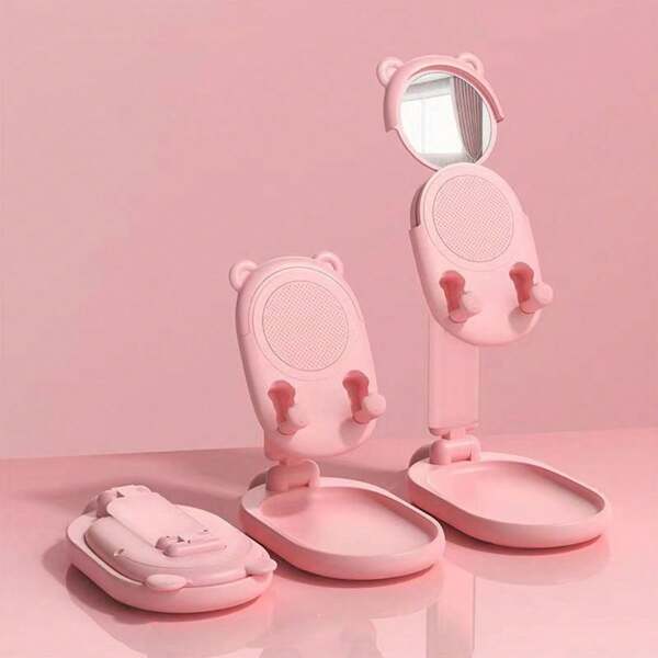 1 pieza Nuevo espejo de maquillaje de escritorio con soporte para teléfono, estilo de dibujos animados, de moda, con espejo de vanidad plegable y extensible, soporte portátil para tableta