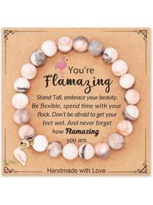 Bracelet en perles marbré rose et blanc fait à la main avec un charm flamant rose. Carte de message inspirationnel incluse - Cadeau idéal pour les enseignants, partenaires, parents pour les anniversaires, la Saint-Valentin, la Fête des Mères, l'Action de Grâce