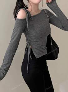 Side Tie-Up Cutout Off Shoulder Fitted Long Sleeve Top