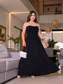 Women Sleeveless Beach Vacation Dress, Women Summer Long Dress, Luxury Spaghetti Strap Summer Maxi Dress For Vacation, Women Simple Casual Elegant Cute Fabric Ruffle Hem Knot Ruched Beach Evening Holiday Wedding Home Birthday Party Daily Baby Shower Babymoon Garden Formal & Evening Photoshoot Street Travel Bachelorette Party - 黑色 - 查看 1