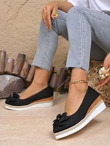 Fashionable Women's Solid Color Rope Sole Shoes With Bow Decor, Versatile Platform & Wedge Heels - Black - View 5