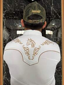 Camisa charra vaquera de rodeo bordada artesanal mexicana para hombre color blanca bordado dorado - Blanco - Ver 5