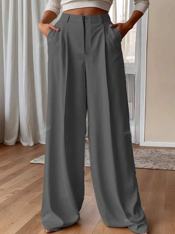 Plus Size High Waisted Solid Color Zipper Pocket Relaxed Fit Straight Leg Casual Dress Pants