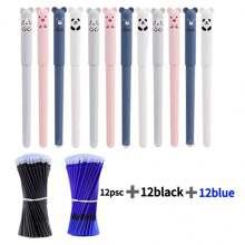 12 piezas Bolígrafo de pegamento borrable con diseño de animales lindos, tamaño mediano, recargable y lavable, tinta azul/negra de 0.5mm, plástico, para útiles de oficina y escolares, estilo aleatorio de vuelta a clases