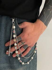 1 pieza Cadena de cintura con cruz de estilo punk imitando perlas, incrustada con rhinestones de colores, accesorio de Charm para hombres, joyería para pareja, regalo para vacaciones