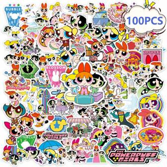 THE POWERPUFF GIRLS 100张贴纸，可爱卡通人物，DIY装饰水瓶、笔记本电脑、行李箱、吉他、手机、日记本、剪贴簿等，毕业礼物，派对装饰等等，成人动漫贴纸