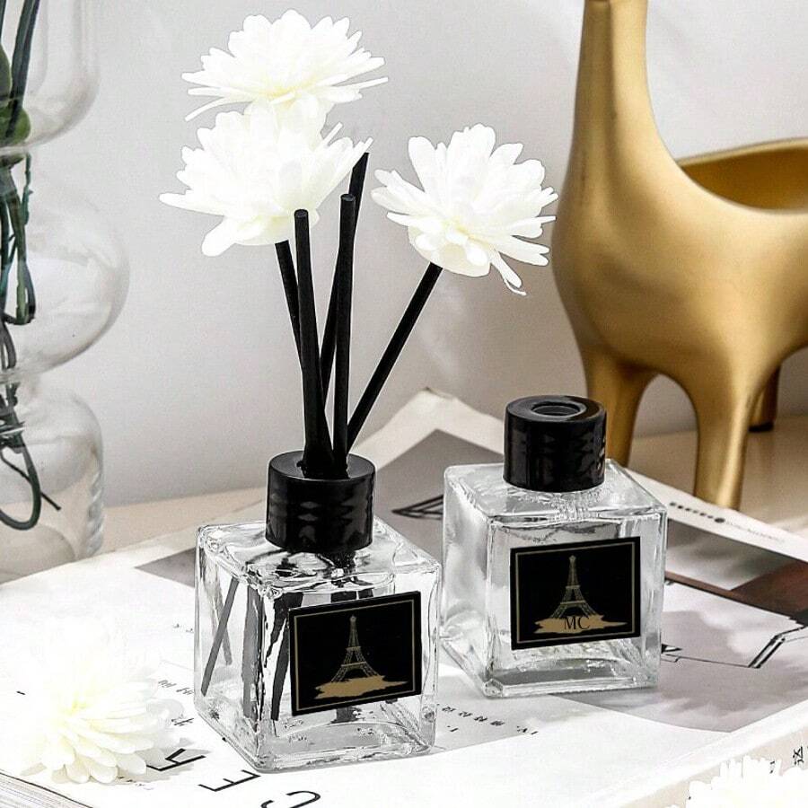1 Set/2 Sets 1.71oz/50ml Reed Diffuser Sets (Each Set Includes 3 Small Flowers, 4 Rattan Sticks, 1 Fragrance Oil Bottle), Bathroom Deodorizer & Air Freshener, Long-Lasting Scent, Suitable For Bedroom, Living Room, Car, Study, Bathroom, Room Decor, Diffuser, Home Fragrance