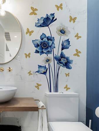 1pc Modern Blue And White Floral Wall Stickers With Golden Butterflies, PVC Self-Adhesive Peel-Off Wall Stickers, Detachable Decoration, Suitable For Living Rooms, Bedrooms, Bathrooms, Dining Rooms And Kitchens Wall Decor Room Decor