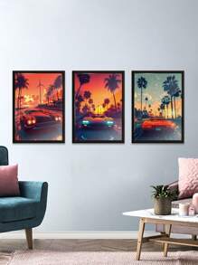 1/3 piezas, marco opcional, pintura de alta calidad, estilo moderno, coche deportivo, ilustración, puesta de sol, vacaciones, árbol de coco, puesta de sol, amantes de los coches, póster de arte de pared, decoración del hogar, adecuado para sala de estar, sofá, dormitorio, pasillo, baño, oficina, regalo de arte perfecto, embalaje de tubería rígida de PVC