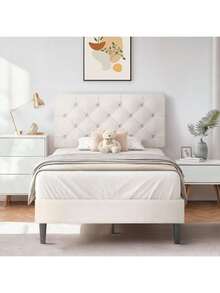 Upholstered Bed Frame With Headboard, Linen Fabric Bed Frame With Button Tufted Headboard, No Box Spring Needed, Easy Assembly, Twin/ Full/ Queen/ King, Beige/ Pink/ Dark Grey/ Grey/ Blue/ Cream/ Black