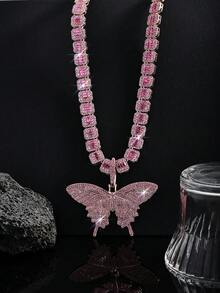 Elegant Pink Crystal Zirconia Butterfly Pendant Necklace