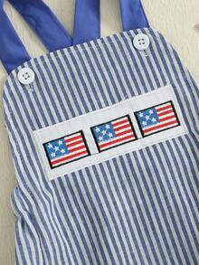 Baby Boy 4th Of July Overalls American Flag Embroidery Stripe Print Sleeveless Back Cross Romper - 藍色 - 查看 9