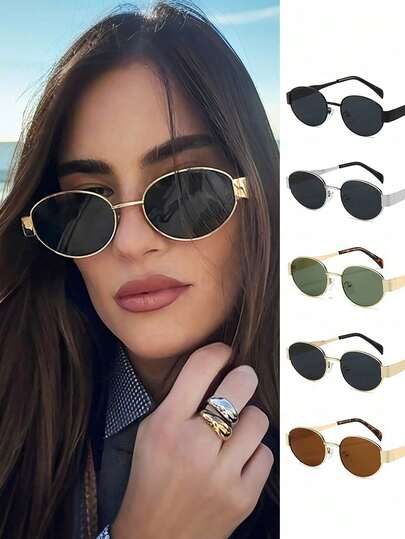 2 pares de gafas de moda de montura ovalada pequeña y retro, gafas de moda adecuadas para la protección solar del verano, vacaciones en la playa, conducción y pesca, fiestas, fotografía callejera, etc. Disponible en múltiples colores (negro, plateado, dorado, verde, marrón)