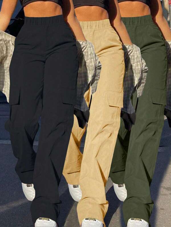 Juego de 3 pantalones cargo rectos y sueltos con múltiples bolsillos para niñas/adolescentes para actividades al aire libre, primavera/verano/otoño/invierno