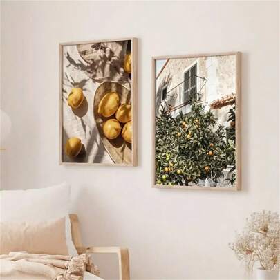 1 pieza/2 piezas Decoración de pared arte del jardín de limones Pósteres modernos Impresiones de lienzo paisaje encáustico Pinturas minimalistas para decoración de sala de estar, dormitorio, hogar, oficina, dormitorio, diseño de fondo de pared Imagen enmarcada/sin marco