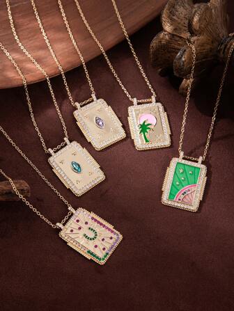 1 件波西米亚风格复古锆石吊坠项链，带马蹄椰子树元素，适合夏季海滩度假，女士珠宝