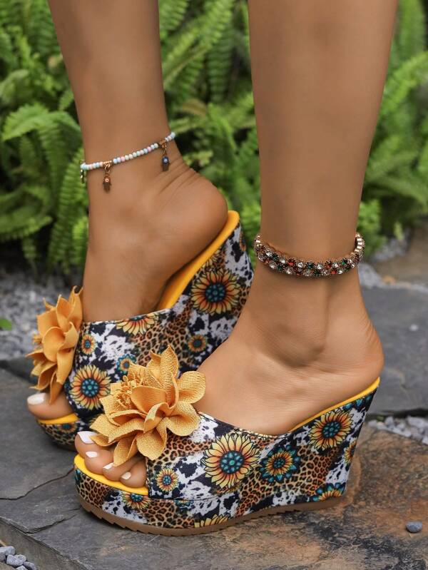 Sandales à talons hauts à imprimé floral aléatoire, design floral, tournesol, chaussons de plage d'extérieur de mode, super compensé, glissière, été