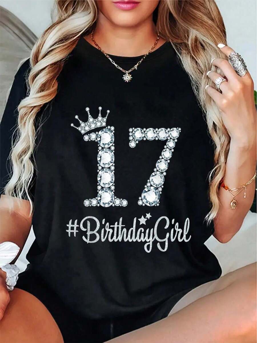 100% Cotton 17 BirthdayGirl 17 Years Old Happy 17th Birthday Girl T-Shirt Round Neck Short Sleeve T-Shirt Women's Men's Graphic Tee - 黑色 - 查看 1