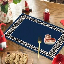 1 Set Of 7pcs Placemats & Table Runner Set, Geometric Greek Key Design Table Runners And Placemats, Suitable For Dining Room Table, Navy Blue Washable Placemats, Kitchen Dining Room And Outdoor Party Table Decor - Blue - View 5