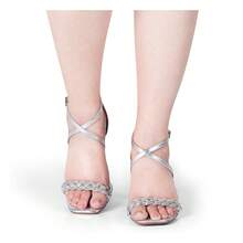 Women's Sandals High Heel Thick Casual Rhinestone Closed Back Braided Stones - Silver - View 5