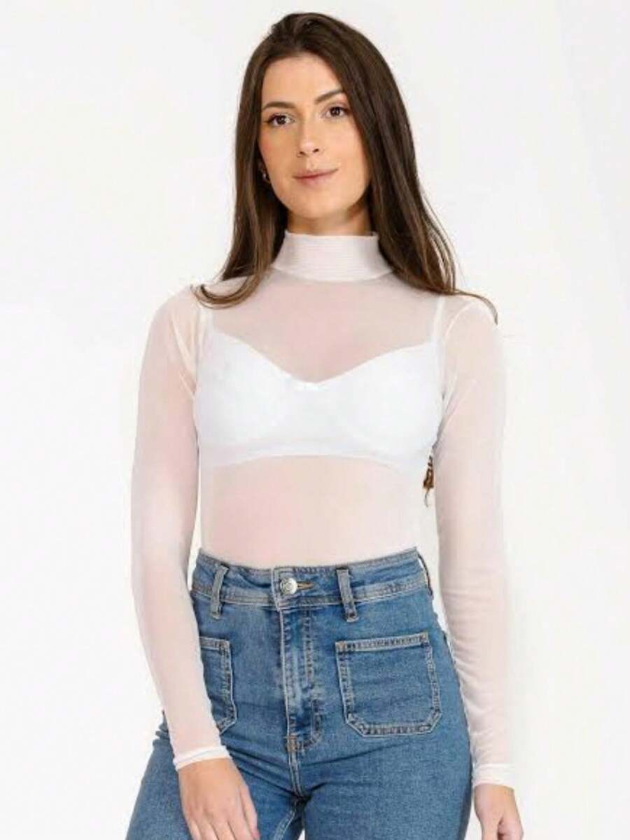 Women's Long Sleeve Transparent Tulle Bodysuit - 白色 - 查看 1