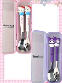 Sanrio (Authorized) Sanrio 2 Pieces Cute Cartoon Stainless Steel Portable Tableware Set, Children's Tableware, Student Outdoor Travel Spoon And Fork 2 Pieces Set, Suitable For Various Scenarios And Suitable For Various Festival Gifts(The Cutlery Box Can Be Disassembled Or Non Disassembled And Randomly Distributed),School Supplies