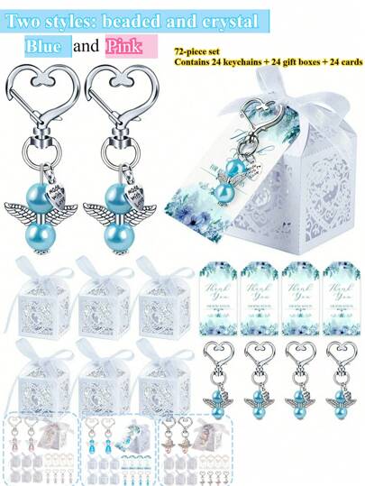 Set de regalo de bautizo de 48 piezas/144 piezas/24 piezas/72 piezas, que incluye 48 llaveros de ángel de la guarda, 48 cajas de regalo y 48 tarjetas de agradecimiento, llavero colgante de cristal, adecuado para bautizo, despedida de soltera, boda, fiesta de cumpleaños - Azul/Rosa