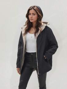 Giacca antivento da donna con cappuccio, casual, a mezza lunghezza, manica lunga