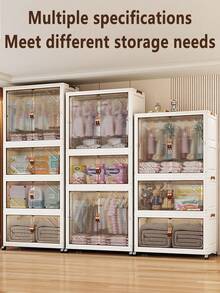 5/4/3/2/1 Layer Foldable Wardrobe, Free Installation Folding Clothes Storage Cabinet, With Wheels, Multiple Layers, Double Door, Magnetic Closure - Transparent - View 4