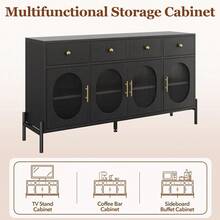 Huisuilinss 62" Large Sideboard Buffet Cabinet With Storage, Farmhouse Kitchen Display With 3 Drawers And 4 Glass Doors, Wood Coffee Bar For Kitchen, Dining Room, Living Room - màu đen - Xem 6