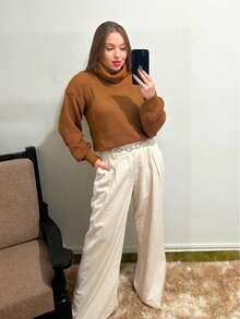 Knitted High Neck Blouse Puffed Sleeve Fang Point Winter - Camel - View 2