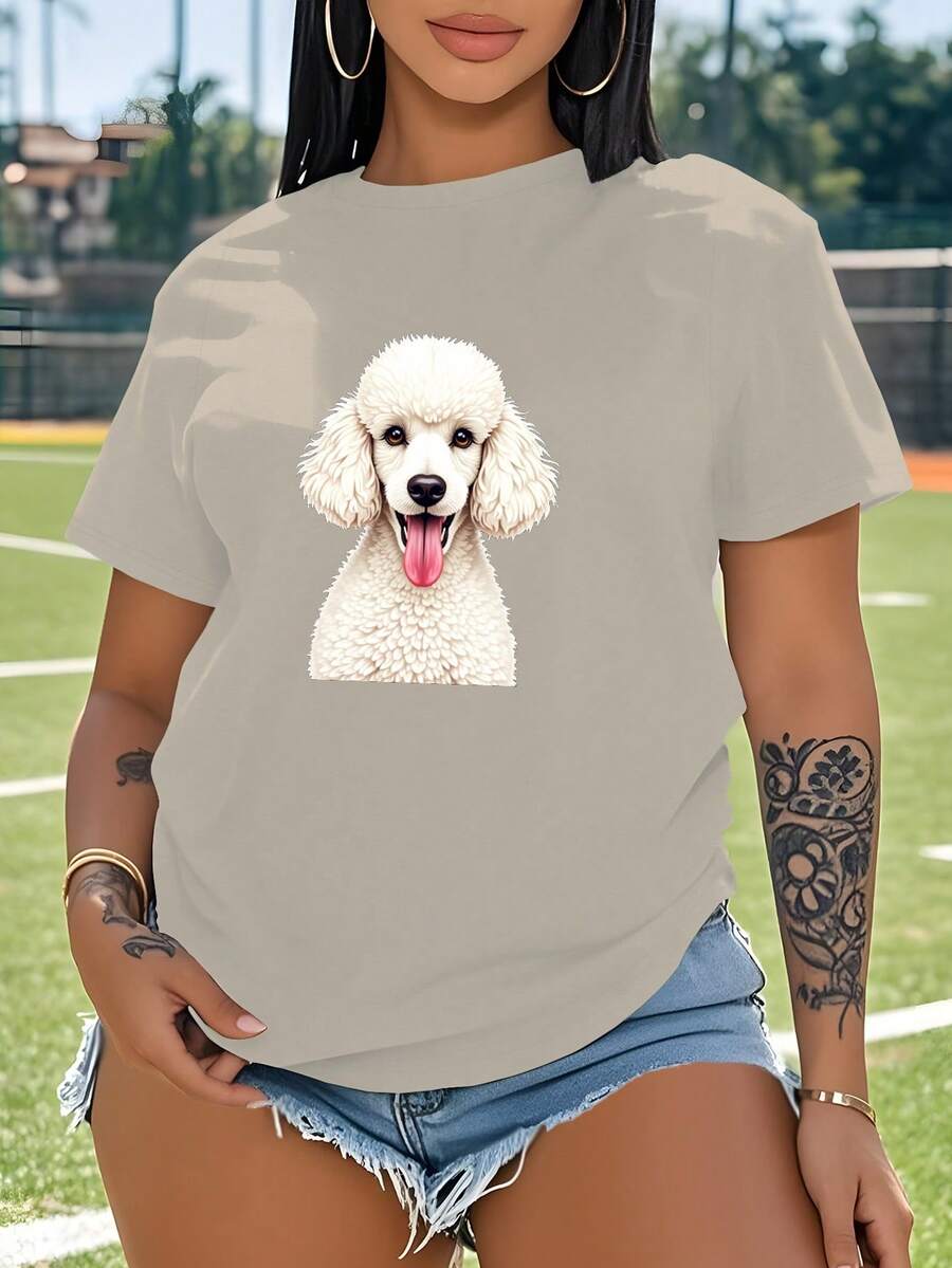 White Poodle With Playful Tongue Women's Plus Size Sports Short Sleeve Casual T-Shirt - 卡其色 - 查看 1