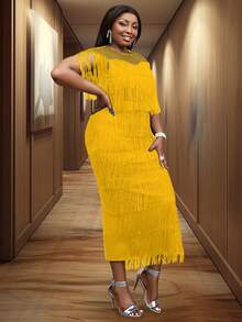 女式流苏透视上衣盖袖节日派对流苏连衣裙中长款 - 黃色 - 查看 5