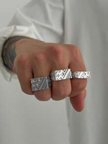 3pcs/Set Metallic Embossed Geometric Shaped Fashion Punk Style Open Rings For Men - Silver - View 3
